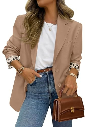 PRETTYGARDEN Blazers for Women 2026 Fall Work Office Suit Jackets Dressy Open Front Leopard Blazer Business Casual Outfits (Khaki,Large)
