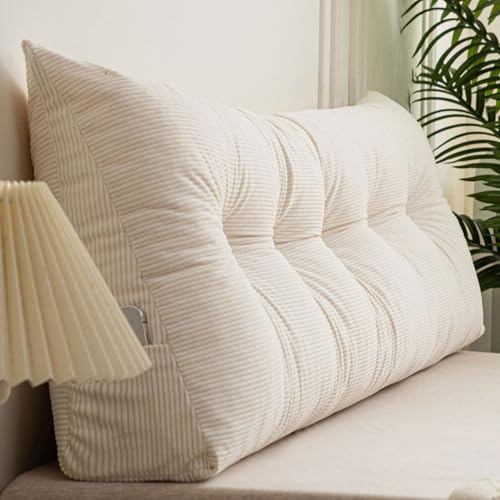Cuscino schienale letto singolo matrimoniale, cuscino per testiera a cuneo triangolare, velluto a coste di alta qualità cuscini per lettura, supporto lombare, fodera Rimovibile(120x40x12cm,Beige)