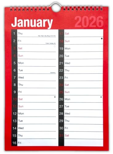 2026 Spiral Bound Month Wall Plan 2 Column Calendar Red And White (2026)