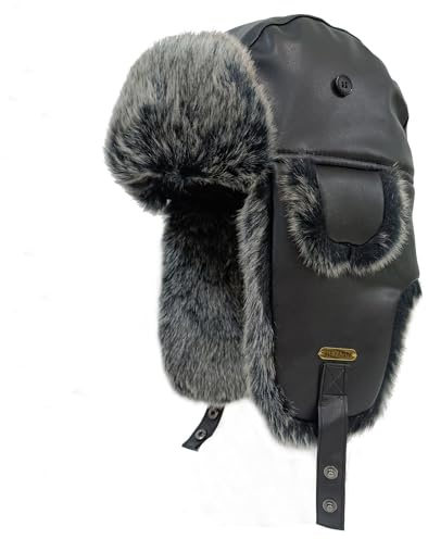HEYANN Rysk pilotmössa för män och kvinnor, konstgjort fårskinn vinter trapper mössa Ushanka varm med öronlappar unisex, Svart HYEJR, XL