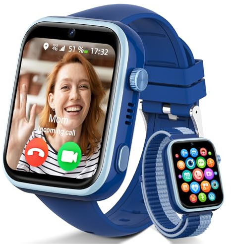 4G Montre Connectée Enfants, Montre Telephone Enfant avec Appels, Appels Vidéo, Chat Vocal, WhatsApp, Wi-Fi, GPS, SOS, Mode École, Podomètre Réveil Étanche IP68 Smartwatch pour Filles et Garçons Bleu