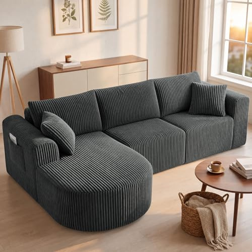 COMHOMA Boneless Corner Sofa Couch Cloud Modular Sectional Sofa L Shaped Memory Foam Corduroy 245CM Couch for Living Room, No Assembly 3–4 Seater