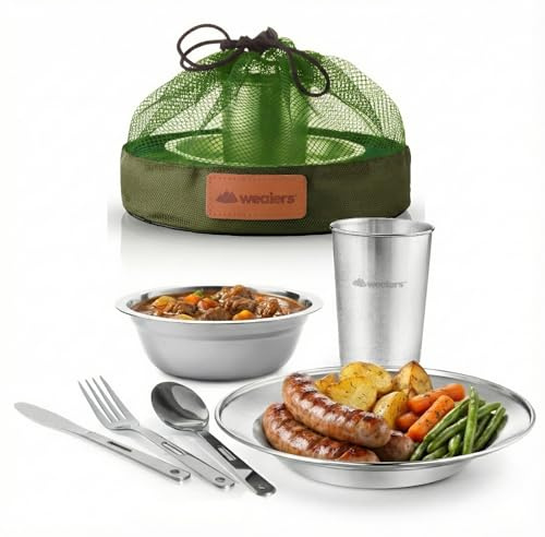 Unique Complete Messware Kit Polished Stainless Steel Dishes Set| Tableware| Dinnerware| Camping| Includes - Cups | Plates| Bowls| Cutlery| Comes in Mesh Bags (Single Person Green)