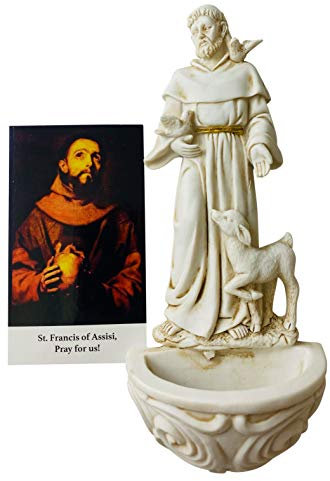 Saint Francis of Assisi Water Font and Holy Card Polyresin Religious Decor, 6.5 Inch