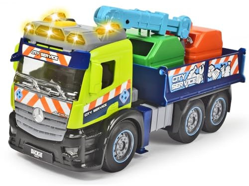 Dickie Toys Action Truck Recycling LKW inkl. Recycling-Container, mit Kran, Sound und Warnlicht, Be- und Entladefunktion, Müllabfuhr für Kinder ab 3 Jahren 203745015 Grün/Blau