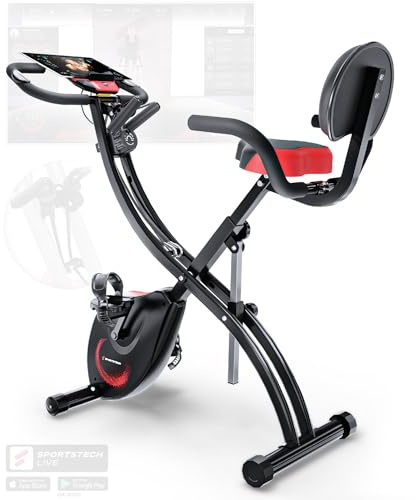 Sportstech vélo d'appartement F-Bike X100 et X150 4 en 1, avec 1 an d'App STL Incluse, home trainer pour adultes, poignées avec moniteur de pouls, cordes de traction, support pour tablette, ergomètre