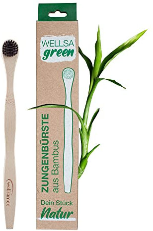 wellsamed wellsagreen Bambus Zungenreiniger, runder Bürstenkopf, gegen Mundgeruch und bakterielle Beläge