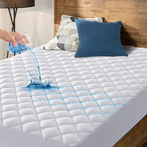 HYLEORY Queen Size Waterproof Mattress Pad Protector, Breathable Quilted Mattress Cover Noiseless Waterproof Fitted Sheet Mattress Topper Upto 21 Deep Pocket, White