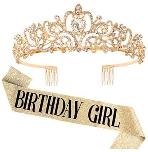 DRESHOW Birthday Crown and Sash for Women Birthday Girl Sash & Rhinestone Tiara Set Birthday Decorations Hair Accessories Glitter Sash for Party