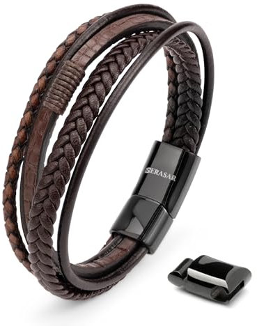 SERASAR Herren Armband Lederarmband Braun 17cm - Männer Leder Armreif Herrenschmuck Flecht Wickelarmband Kette Armbändchen Leather Bracelet Men Geschenkidee für