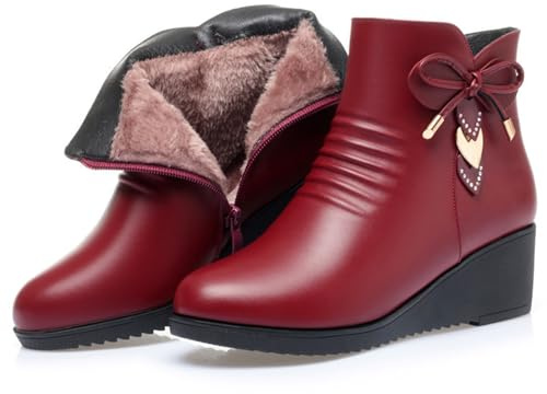 AngryMonkey Women's Black Wedge Heel Ankle Booties Soft Leather Platform Side Zipper Sparkling Rhinestones Winter Warm Fur Lined Thickening Snow Boot (Red B,9)