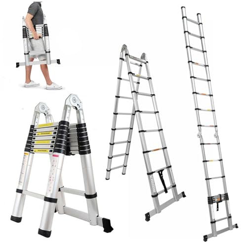Échelle Télescopique Pliable en Aluminium 5m - Charge maximale: 150 kg - Échelle Double avec Stabilisateur, Echelle Escamotable Extensible - Échelle Antidérapante - Facile à Transporter