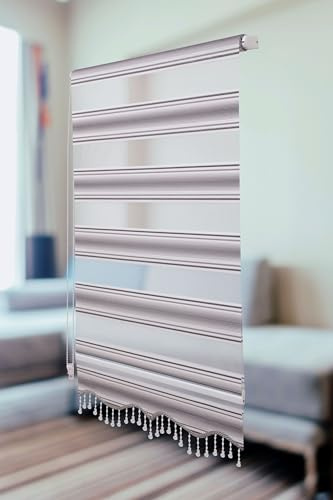 PlisseeOnline Doppelrollo Klemmfix ohne Bohren Grau Weiß Glitzer mit Perlen Duo Rollo für Fenster und Türen Plissee Rollo Gardine 120 x 150 cm Blickdicht Klemmrollo mit Perlen Seitenzugrollo