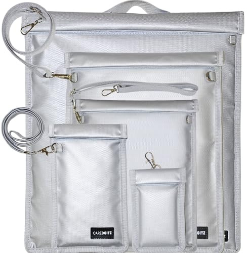 Caredgitz Faraday Bag 5 Pack - Extra Large Faraday Cages for Laptop, Tablet, Phone, Key Fob - Portable EMP Proof Faraday Pouches with Lanyard - Fire-Retardant, Water-Resistant