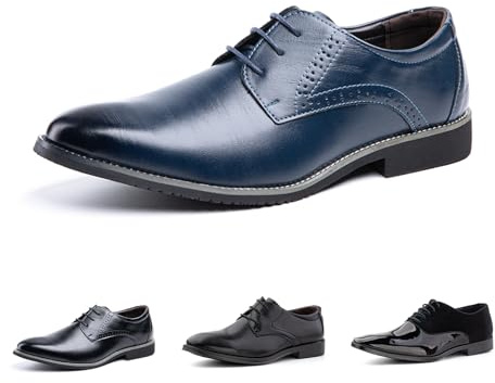 Hitmars Scarpe Stringate Uomo Derby Scarpe Oxford Pelle Verniciata Elegante Scarpe Basse Business Formale Classico HW1-Blu EU44