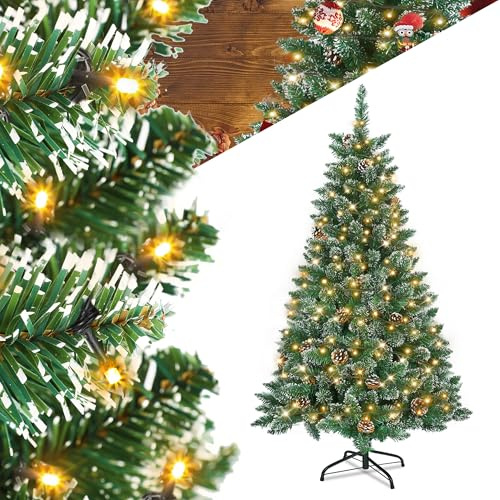 YRHome 210 cm konstgjord julgran med belysning, grön PVC med snöeffekt och tallkottar, LED, PVC, julgran, dekorativt träd med stativ, juldekoration för juldekoration