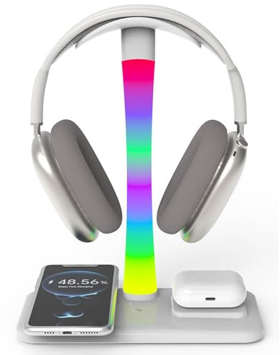 Support de casque avec chargeur sans fil, support de casque de jeu avec mode lumière RVB, support Airpod Max compatible avec Airpod Pro/3/2, iPhone 16/15/14/13/12/11, cadeau pour joueurs et amateurs