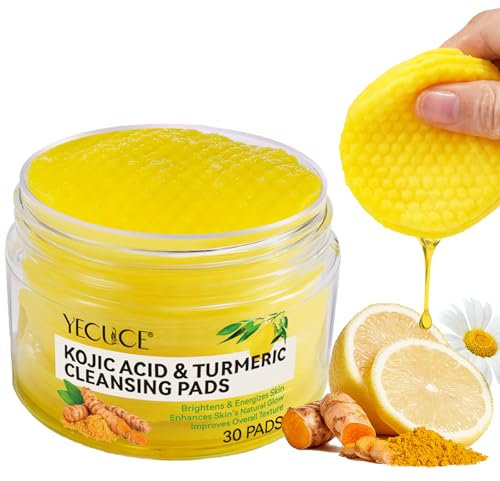 Kojisäure und Kurkuma Reinigungspads, 30 Stück Peeling Gesichtspads, Reinigungs Baumwolle, Aknenarben, verstopfte Poren mit Kamille, Zitrone, Kurkuma, Peeling Pads für das