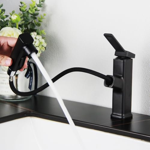 Robinet de salle de bain noir SEMANEY avec douchette extractible, robinets de lavabo haute pression avec 3 types de jet, mitigeur monocommande extensible