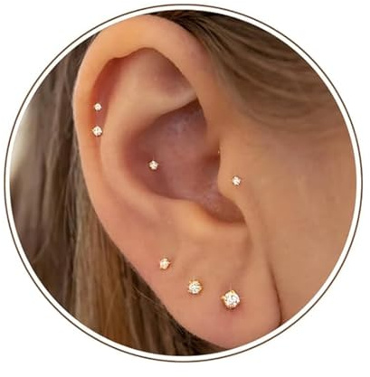 LunarCharm 12 piezas de aret pequeños de CZ de 16G, pendientes dorados, piercing de cartílago trágico sin rosca, aretes concha y para hélice nasal