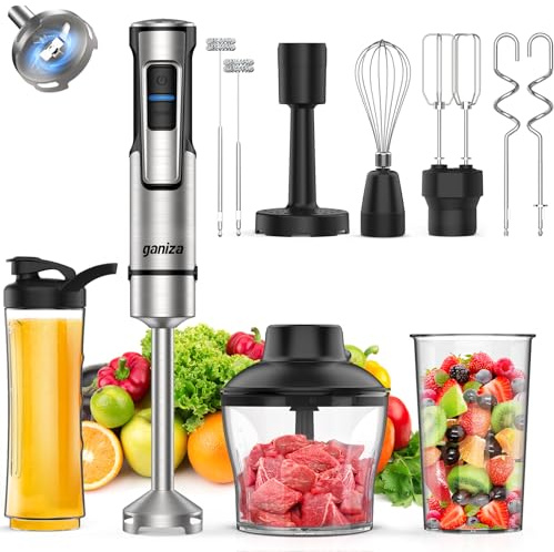 Ganiza 10-en-1 Stabmixer Elektrischer, Pürierstab mit 1200W Stark Leistung, Geschwindigkeitsregelung & TURBO-Taste, Hand Blender mit Doppel-Milchaufschäumer, Für die Zubereitung von Soße, Milchshake