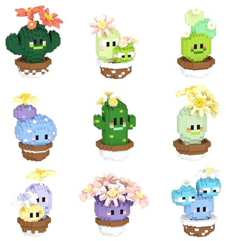 LULUFUN Set di mattoncini da costruzione, mini cactus per piante, giocattolo educativo, regalo per adulti e bambini, set da 9