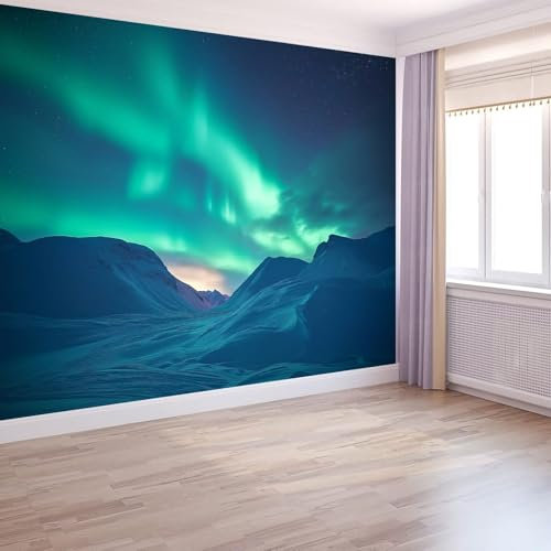 Fondo de pantalla panorámico 250 x 175 cm Revestimiento de pared para decoración de sala de estar, papel tapiz fotográfico no tejido Auroras Boreales Naturales Decoración Azul Verde
