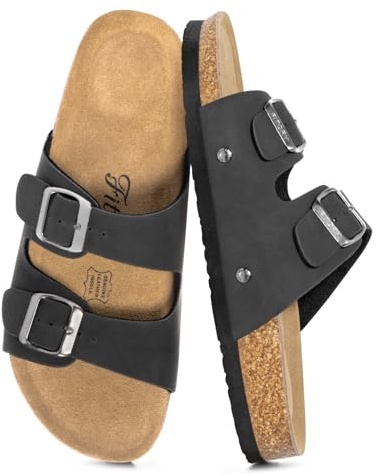 FITORY Womens Flat Sandals with Cork Footbed, Open Toe Slides Adjustable Slip On Slippers for Summer Matte Black Size 5