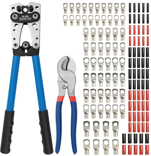 Joyumy Battery Cable Lug Crimping Tool Kit, AWG 10-1/0 Gauge Wire Crimper, Battery Cable Crimper Tool with Cable Cutter, 64pcs Copper Wire Lugs, 70pcs Heat Shrink Tubes