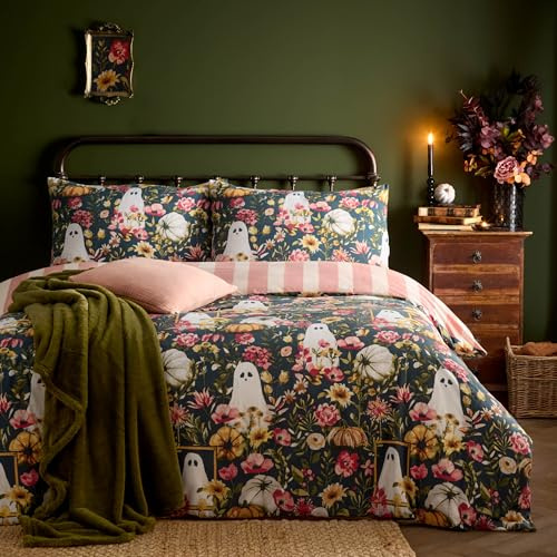 furn. Bootanical Duvet Cover Set (Multicolour - Double) | Reversible Autumnal Floral Ghost Striped Halloween Easycare Polycotton Bedding