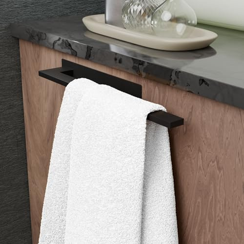 ORZAC® Porta Asciugamani Adesivo Bagno Senza Foratura Oro 39 cm, Acciaio Inossidabile, Barra Rotonda con Adesivo 3M e Gancio Regalo (Rettangolare nero)