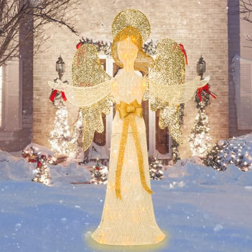 Vipush Lighted Outdoor Christmas Decoration, 5.8FT Pre-Lit Angel for Lawn 3D Glittered with Warm Lights, Outdoor Lighted Holiday Displays for Christmas Decoration
