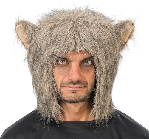 Chaks - Gorro de hombre lobo con pelo y orejas, cabeza de animal con pelo sintético, accesorios para disfraces de Halloween y carnaval