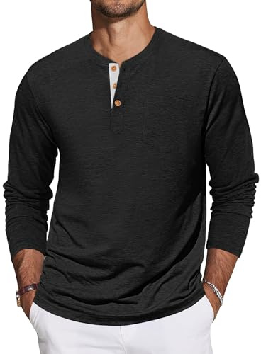 TARAINYA Henley långärmad tröja herr bomull t-shirt M-4XL | 95 % bomull 5 % spandex, långärmad, bröstficka, enfärgad, kontrastknappslå, normal passform