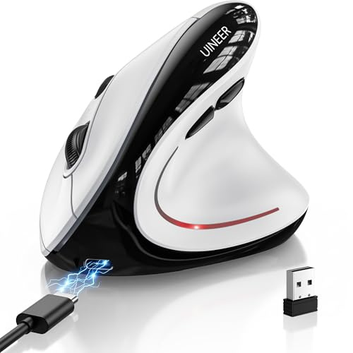 Uineer Souris Ergonomique Sans Fil, Souris Verticale Rechargeable | Double Bluetooth+2,4 GHz, Connexion Multi-Appareils, Clic Silencieux, RGB 7 Couleurs, 4 Niveaux DPI pour PC, Laptop, Mac