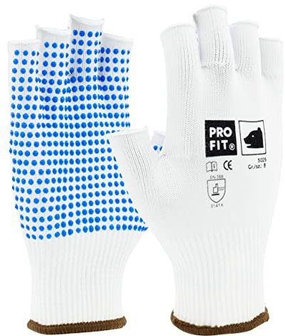PRO FIT 5025 Feinstrickhandschuh Fingerlos – Feinstrickhandschuh mit Noppen, Arbeitshandschuhe mit Punktbenoppung, rutschfest - 12 Paar, Weiß, Gr. 8