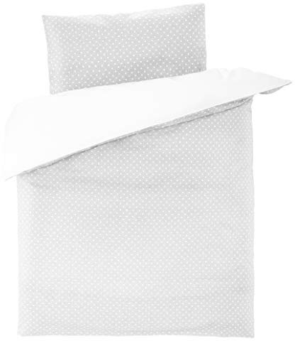 Fillikid Babybettwäsche - Deckenbezug 80x80 cm, Kissenbezug 35x40 cm - 100% Baumwolle - Kinder Bettwäsche Set mit Hoteleinschlag, OekoTex geprüft - Grau Weiß Punkte