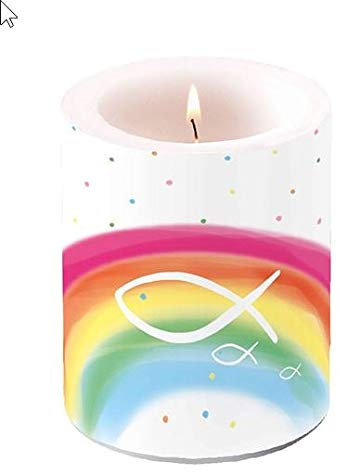 Kerze rund Fische auf bunten Regenbogen als Tischdeko zur Kommunion, Konfirmation und Taufe Ø 7,5cm, Höhe 8cm