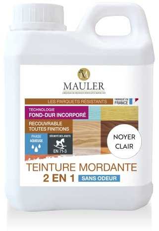Mauler - Teinture Mordante 2 en 1 - Noyer Clair - 1L - Teinte les Parquets Avant Vitrification - S'utilise sur les Meubles, Jouets, Mobiliers