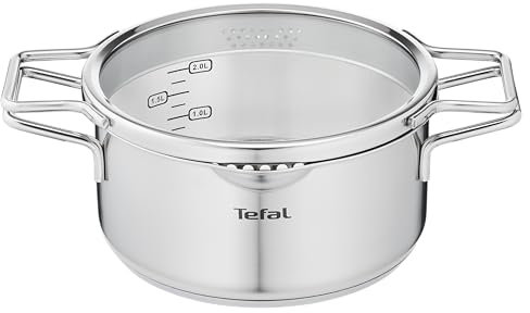 Tefal H85244 Nordica Kochtopf 20 cm mit Glasdeckel (Doppelgriffe, Edelstahl-Topf, alle Herdarten, induktionsgeeignet, robuster Boden) Edelstahl