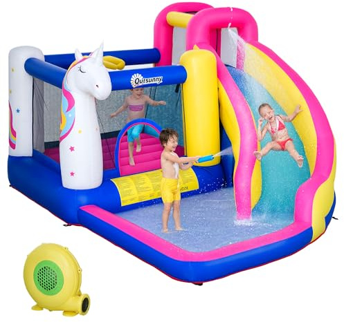 Outsunny Castillo Hinchable para Niños Castillo Inflable Infantil en Forma de Unicornio Parque Acuático con Tobogán Piscina Cama de Salto Inflador y Bolsa de Transporte 360x305x210 cm Multicolor