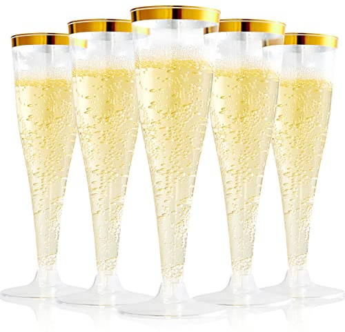 FOCUSLINE 100 Pack Plastic Champagne Flutes, 4.5 Oz Gold Rim Plastic Champagne Glasses, Disposable Clear Toasting Glasses Recyclable Champagne Cups for Wedding Party