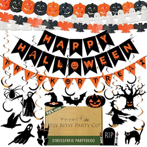 Premium Reusable Halloween Decorations Indoor - Happy Halloween Banner, Trick or Treat Sign, 12 Spooky Hanging Decorations, 3 Chilling Garlands