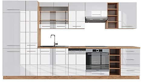 Vicco Küchenzeile Fame-Line, Weiß Hochglanz/Goldkraft Eiche, 355 cm ohne Arbeitsplatte, geeignet zur individuellen Erweiterung mit Zusatzmodulen