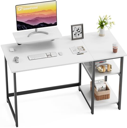 GreenForest Schreibtisch 120cm Mit Stauraum und Monitorständer - Bürotisch für Home Office, Weiß