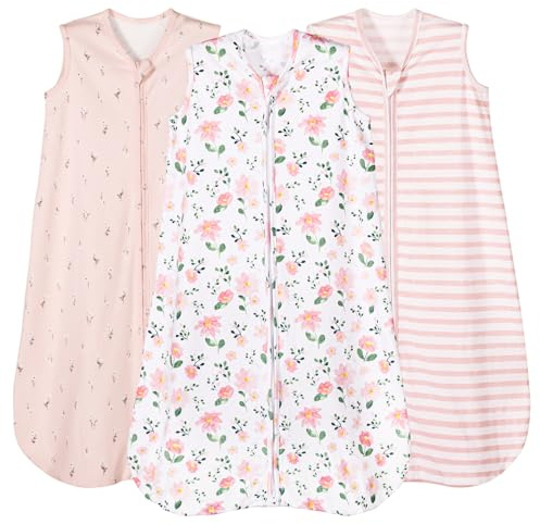 PHF Soft Baby Wearable Blanket 18-24 Months 100% Cotton Wearable Blanket, 2-Way Zipper 0.5 TOG Toddler Sleeping Bags 3 Pack, Comfy Sleep Bag for Baby Girls, Pink Floral (X-Large)