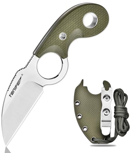 TONIFE Halvmåne Halskniv Kniv för Utomhusbruk Fast Blad i 8Cr14MoV-Stål med Slida, Nyckelband och Klämma Kniv med Full Tång Överlevnadskniv (Grön+Satin)