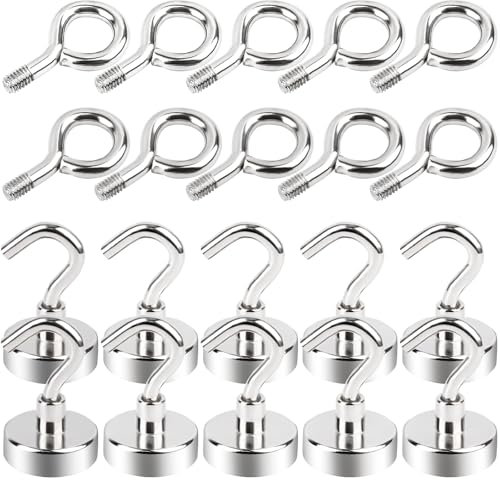 MIN CI 10+10pcs Magnethaken Extra Stark, 25mm Magnete Stark 22kg Magnetisch Haken, Neodym Magnet mit Haken Ösenmagnet von 2 Arten Rund Starke Magnete für Camping Garage Rostfrei Grill