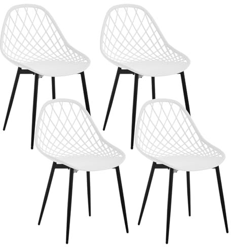 Klihome Esszimmerstühle 4er Set, Küchenstuhl mit hohler Rückenlehne, Wohnzimmerstuhl mit Metallbeinen, Kunststoffstuhl für Küche Wohnzimmer Balkon, skandinavisch modern, Weiß, K0018EZS-4