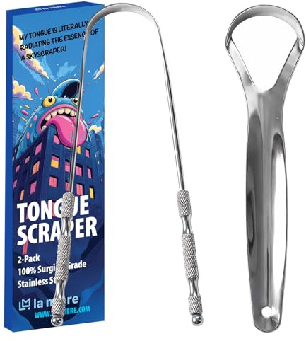 LA MIERE Tongue Scraper with Multicolor Cases (2 Pack), 100% Stainless Steel, Reduce Bad Breath, Easy to Use Tongue Scraper for Adults, Tongue Cleaner for Oral Care & Hygiene